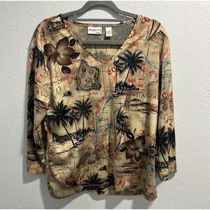 Chico's Studio T's Hawaii Top V Neck Palm Floral Print Stretchy Size 3